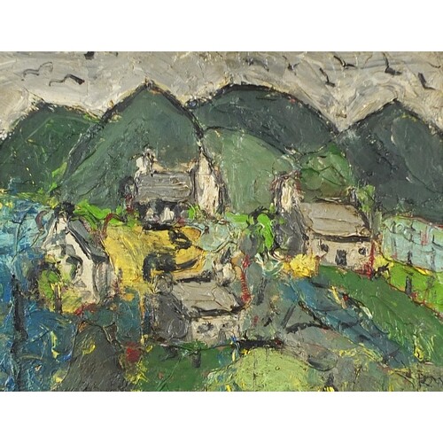 Cottages before mountains, Welsh school impasto oil on board...