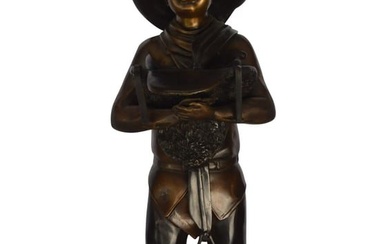Cowboy Holding a Saddle Bronze Statue - Size: 12"L x 11"W x 32"H.