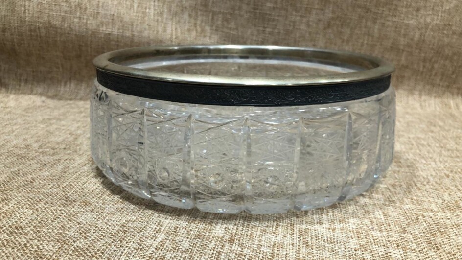 Crystal bowl with signed Russian Soviet silver