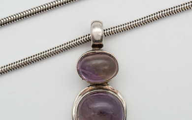 DESIGNER NECKLACE, 925 STERLING SILVER CHAIN, HALLMARKED, TWO LARGE AMETHYSTS.