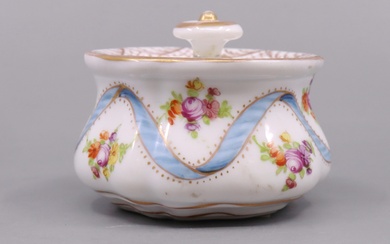 DRESDEN PORCELAIN INK POT, HAND - PAINTED AND GILT MARKED TO BASE