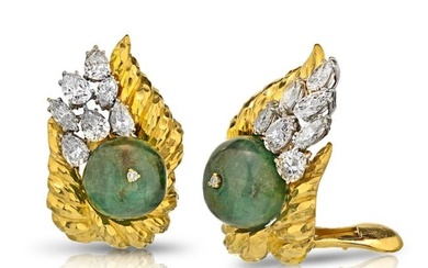 David Webb 18K Yellow Gold Diamond & Emerald Bead Clip-On Earrings