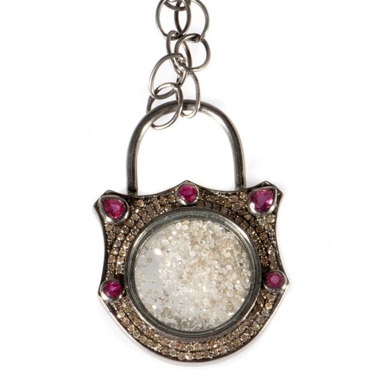 Diamond, ruby, blackened silver shaker pendant
