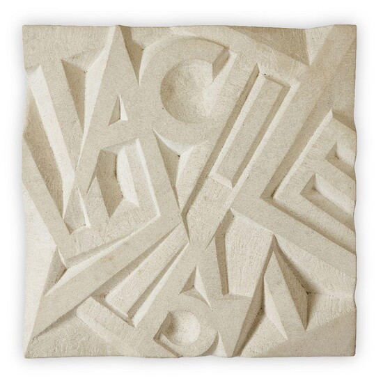 Donated to the Royal Society of Sculptors: Angela Godfrey MRSS, British b.1939 - Relief with Letters; Portland stone, artist's label affixed to the underside, H8 x W30.5 x D30 cm (ARR)