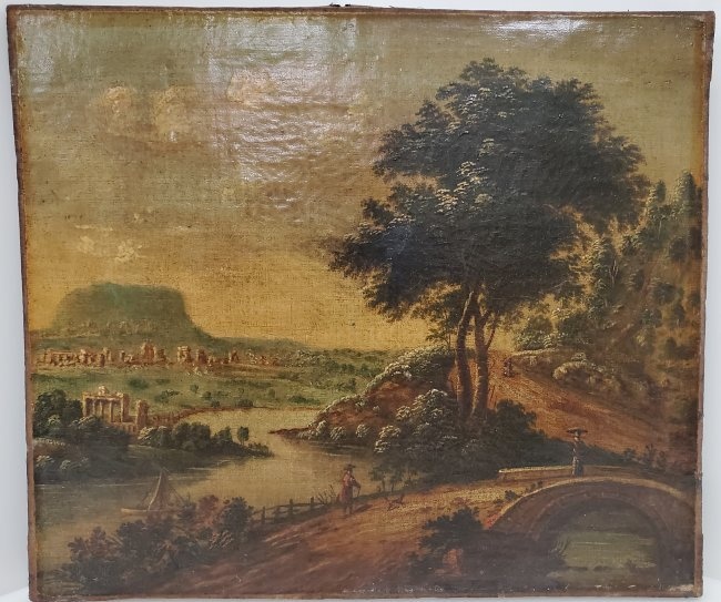 Dutch 17c Italianate Landscape European Old Master Painting with Attribution Capriccio Figures Oil