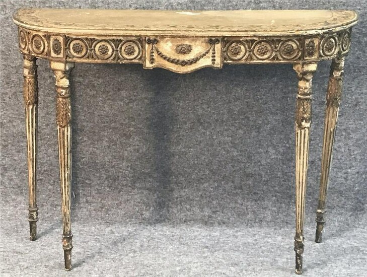 EARLY 19THC. PAINTED DEMI LUNE CONSOLE TABLE W/ REEDED