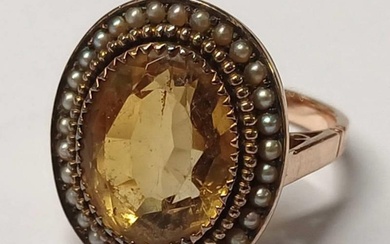 EARLY 20TH CENTURY CITRINE & SEED PEARL CLUSTER RING - 7.6G,...