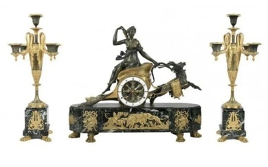 EMPIRE STYLE BRONZE AND MARBLE CLOCK SET