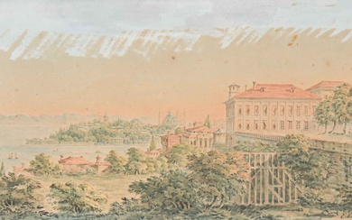 Ecole orientaliste du XIXème siècle Vue du palais de France, Constantinople. 1827 Aquarelle Monogrammée et...