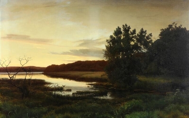 NOT SOLD. Edvard Petersen: A view from the banks of a lake in evening light. Signed with monogram and dated 69. Oil on canvas. 103×158 cm. – Bruun Rasmussen Auctioneers of Fine Art