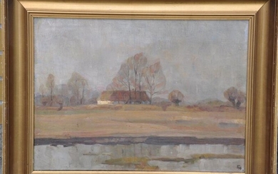 NOT SOLD. Ejnar Hansen: Landscape with house. Signed monogram. Oil on canvas. Frame size 47 x 59 cm. Framed. – Bruun Rasmussen Auctioneers of Fine Art