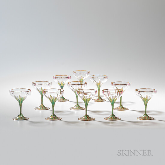 Eleven J. & L. Lobmeyr Enameled and Gilt Glass Champagne Coupes