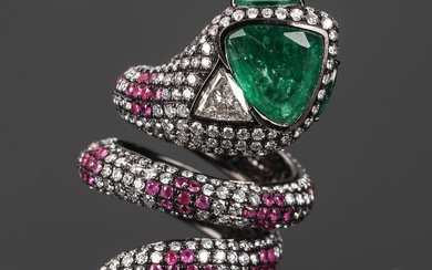 Emerald, ruby ??and diamond ring of 14 kt. black rhodium-plated white gold