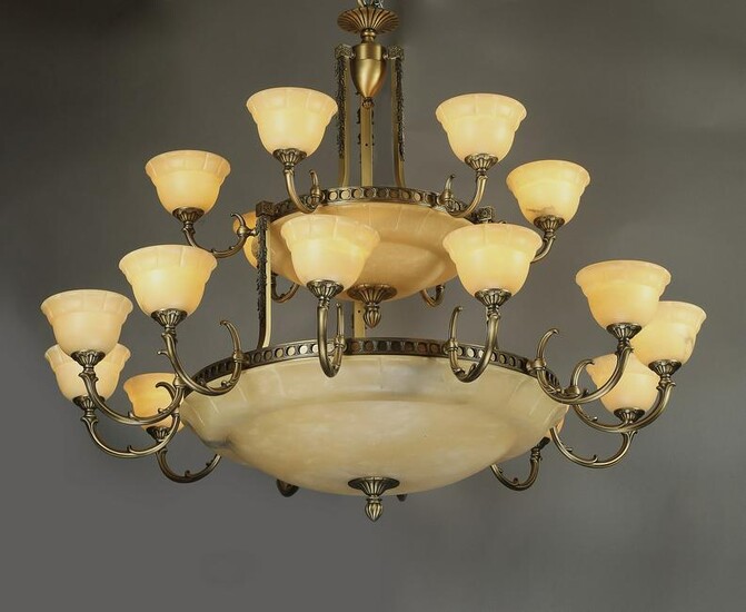 Empire style bronze and alabaster 18-light chandelier