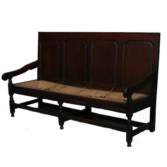 English Oak Jacobean Long Bench with Rush Seat, 19th c