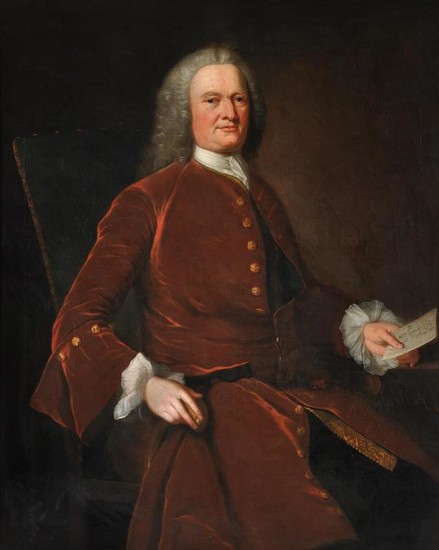 English School (Early 18th century), Portrait of William Morland Esq (1692-1774) holding the deed to Court Lodge