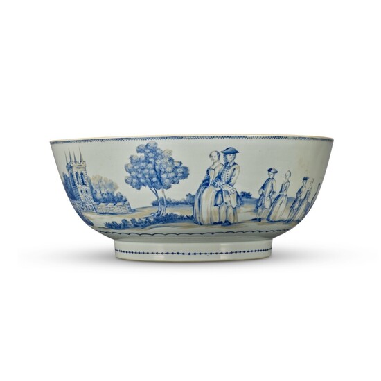 Extremely Rare and Important Chinese Export European Subject Initialed Punch Bowl, Qing Dynasty, Qianlong Period, After 1759-1785 | 清乾隆 1759年後至1785 粉彩西洋錦鷄山水人物圖大盌