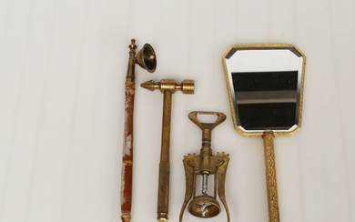 FUNCTIONAL BRASS OBJECTS, 4 pcs., gilded hand mirror with facet cut glass, light extinguisher, corkscrew, and a hammer with star chisel that can be screwed out of the shaft. manufactured in the middle of the 20th century, and later.