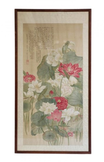 Fine Chinese Ink & Color Painting of Lotus on Silk