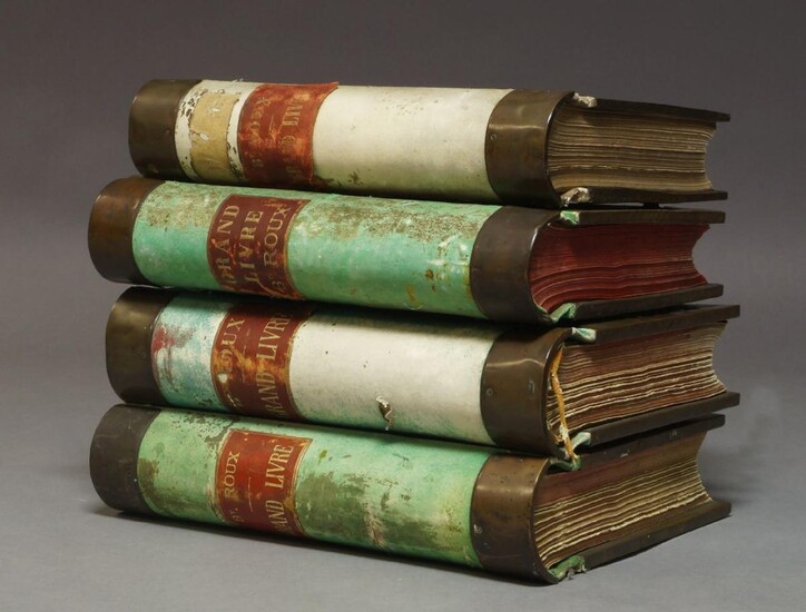 Four large green suede and brass bound ledgers, 'By Roux, Grand Livre', early 20th century, each 49cm x 36cm (4)
