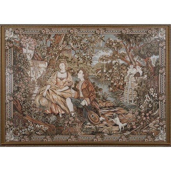 Framed Tapestry Depicting a French Rococo Courtship