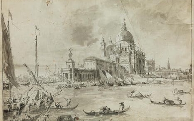 Francesco Guardi (1712 – 1793) und Giacomo Guardi (1764 – 1835), VENEDIG, BLICK AUF DIE BASILIKA ST. MARIA DELLA SALUTE MIT DEM ZOLLGEBÄUDE