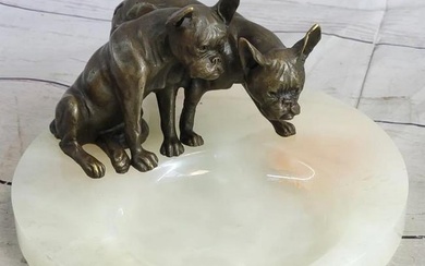 French Bulldogs Original Bronze Statue on Onyx Dish - 4.5" x 8"
