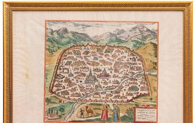 GEORG BRAUN-FRANZ HOGENBERG. DAMASCUS URBS NOBILÍSIMA AD LIBANUM MONTEM, TOTIUS SYRIA METROPOLIS. ALEMANIA, CA. 1572. GRABADO COLOREADO