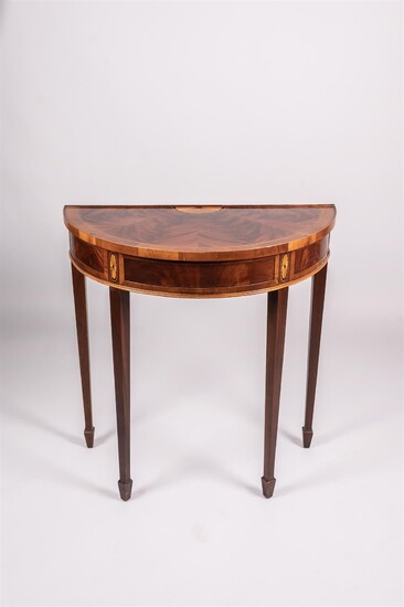 GEORGE III STYLE INLAID MAHOGANY DEMILUNE CONSOLE, BY HEKMAN FURNITURE CO.
