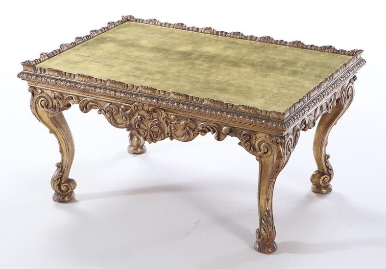 GILT WOOD CARVED REGENCY STYLE COFFEE TABLE ATTRIBUTED TO JANSEN HAVING GOLD GILT GLASS TOP C