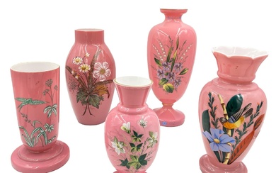 GROUP OF FIVE PINK OPALINE GLASS VASES Collection of...