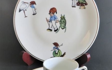German 1950s Set of 3 Tom Thumb Children Porcelain, Cup, Saucer & Plate