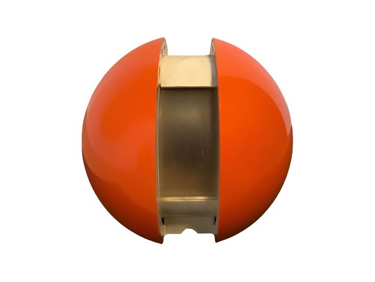 Gianni Colombo Per Arredoluce, Gea model, spherical table lamp in thermoformed plastic in shades of orange and white.
