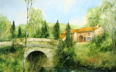 Gilles Fabre. Paysage. Petit pont sur la Mortagne (Vosges). HSToile. Signée. 73 x 92 cm.