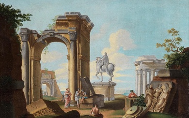 Giovanni Paolo Panini, 1691 Piacenza – 1765 Rom, Nachfolge, CAPRICCIO MIT FIGURENSTAFFAGE