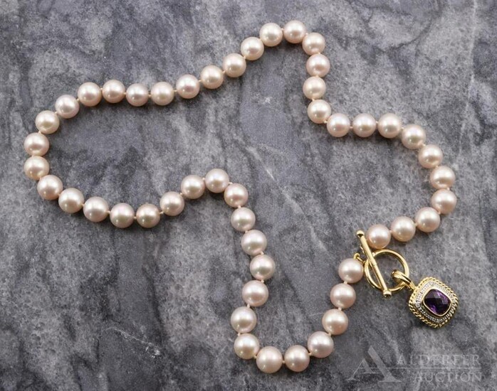 Gold Amethyst Pendant on Pearl Necklace