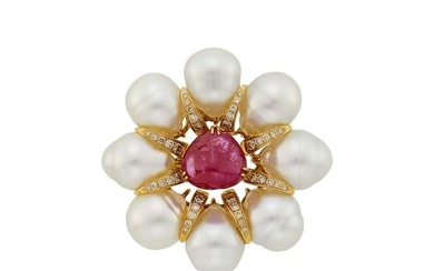 Gold, Cabochon Ruby, Baroque South Sea Cultured Pearl and Diamond Flower Clip-Brooch