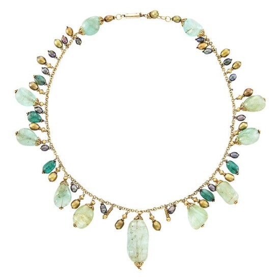 Gold, Green Beryl and Emerald Bead and Freshwater Pearl Fringe Necklace