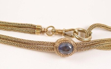 Gold double row long necklace (750), decorated with a sliding medallion. L : 75 cm, Weight : 68.6 gr