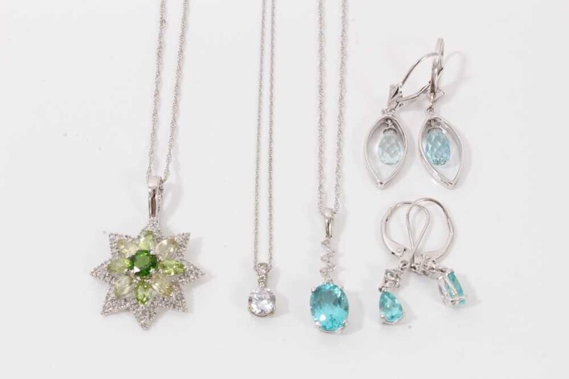 Group 9ct white gold gem set jewellery to include three pendant necklaces and two pairs of blue stone drop earrings