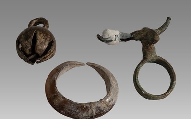 Group of 3 Ancient Khmer (Cambodian) Artifacts: Bronze Ring, Glass Earring & Elephant Bell.