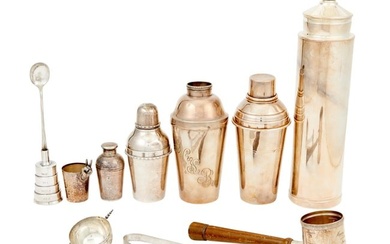Group of Silver Plated and Metal Cocktail Shakers and Bar Accessories 20th Century