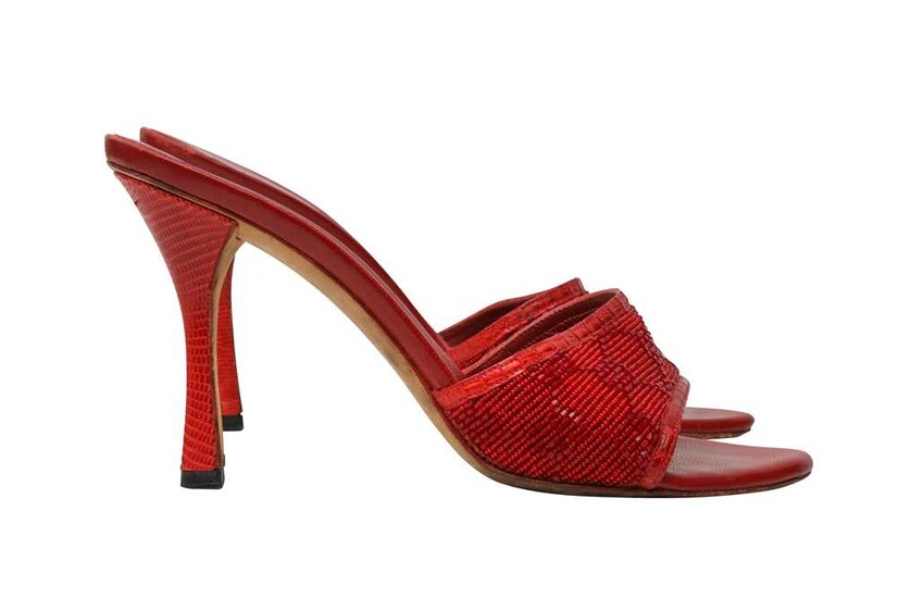λ Gucci Red Embellished Monogram Heeled Mule - Size 36