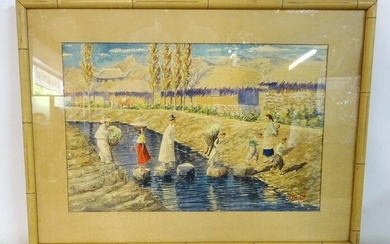 H. CAMPBELL SGN. WATERCOLOR FIGURES CROSSING A STREAM 12.5"x19.5"