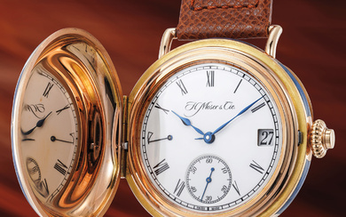 H. Moser & Cie, Ref. 8341-0400 An incredible pink gold limited edition perpetual calendar wristwatch with enamel, engraved and gemset double hunter case with box and guarantee
