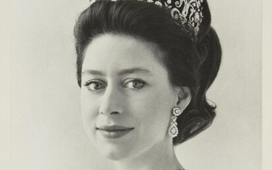 HRH The Princess Margaret, Countess of Snowdon, a signed photographic portrait, signed in ink on mount Margaret 1967, in a modern glazed oak frame, 38 x 30cm