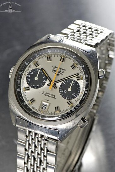 Heuer, Swiss, "Carrera Automatic Chronograph", Case No. 190131, Ref. 1153S, Cal. 12, 38 x 43 mm, circa 1971 A very attractive vintage automatic wrist chronograph with date and original steel bracelet Case: steel, screw back, crown on the left...
