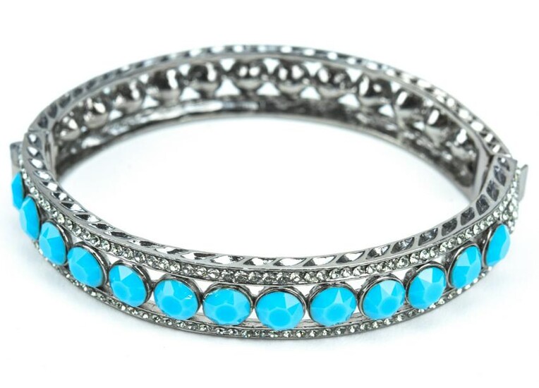 Hinged Bangle Bracelet w Pave & Turquoise Glass