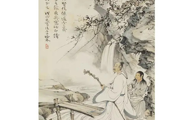 Huang Bore (1901-1968) Scholar and boy attendant by waterfall Ink and colour...