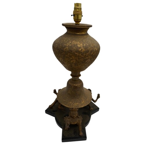 IMPRESSIVE PERSIAN BRASS LAMP 19TH CENTURY engraved with fig...
